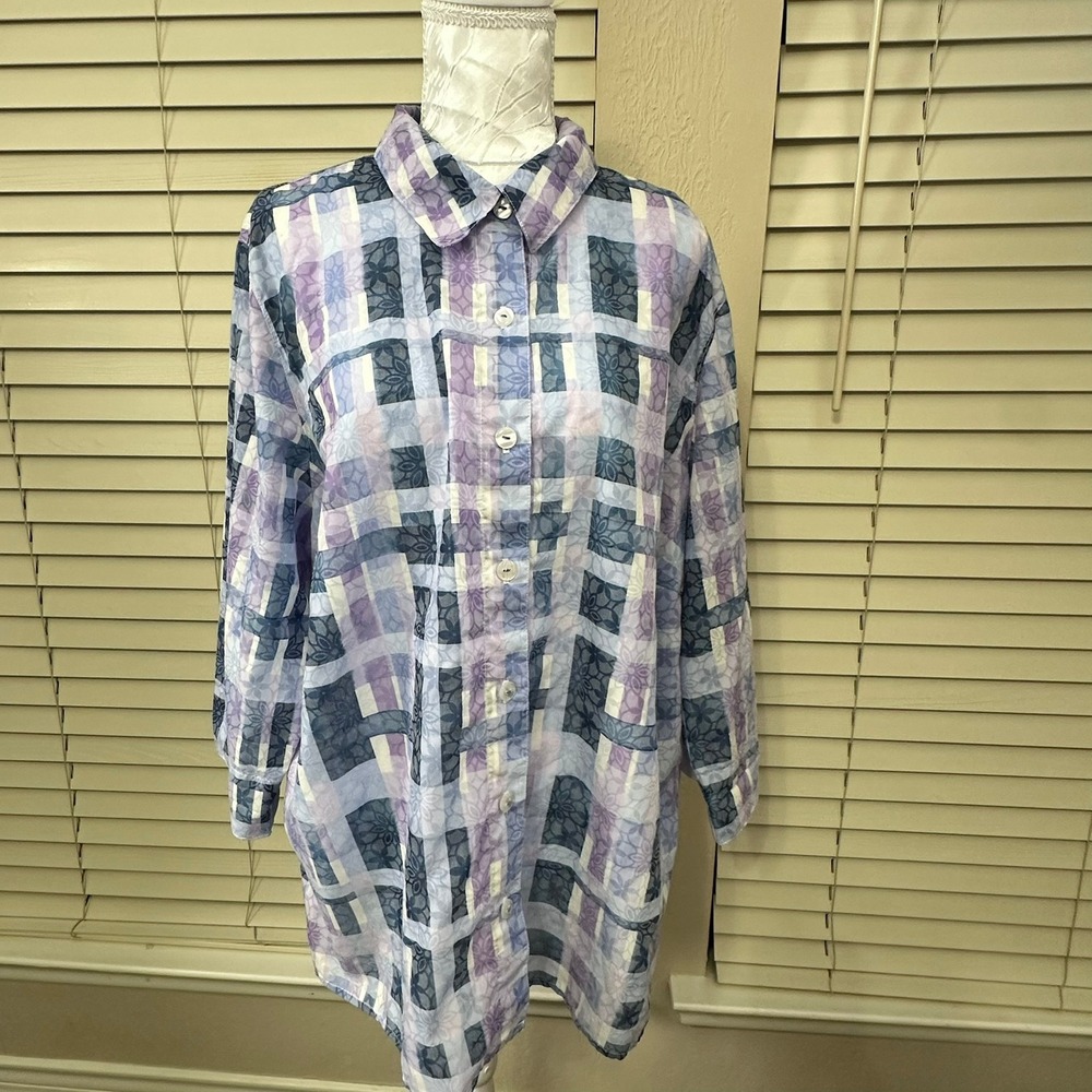 Alfred Dunner Button Up Blouse Womens 1X Purple Blue Patchwork Floral 3/4 Sleeve